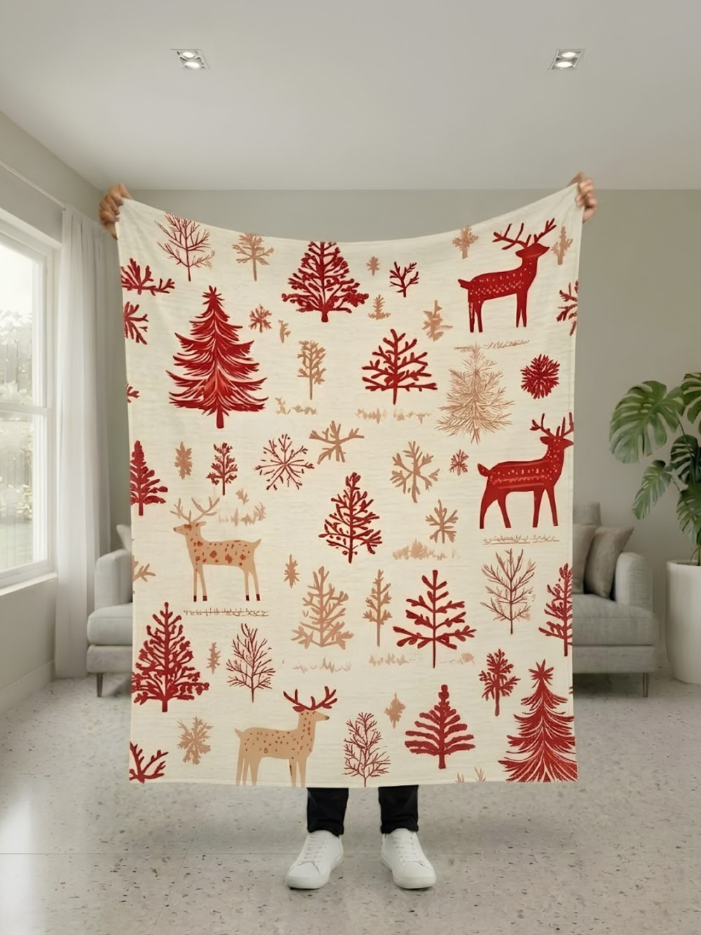 Festive Red & Tan Reindeer Holiday Throw Blanket